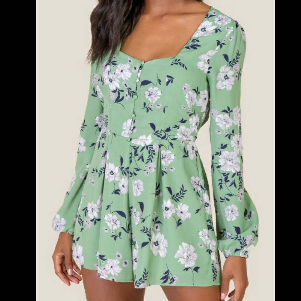 Miami Long Sleeve Medium Light Green Floral Romper